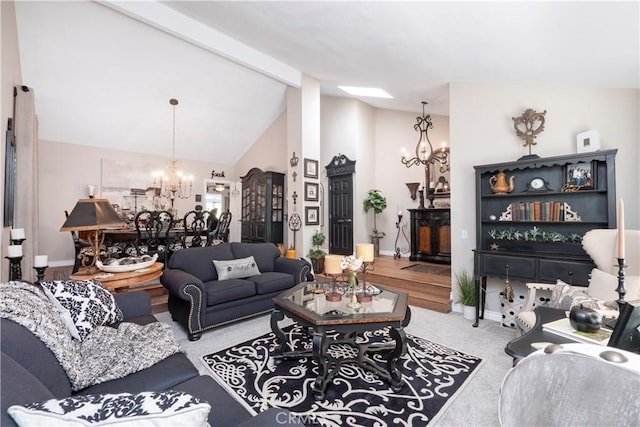 living area featuring vaulted ceiling, carpet flooring, a notable chandelier, and baseboards