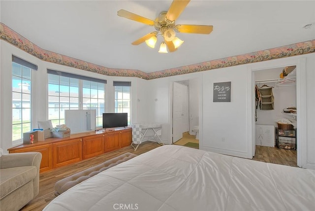 bedroom with a closet, a spacious closet, multiple windows, and wood finished floors