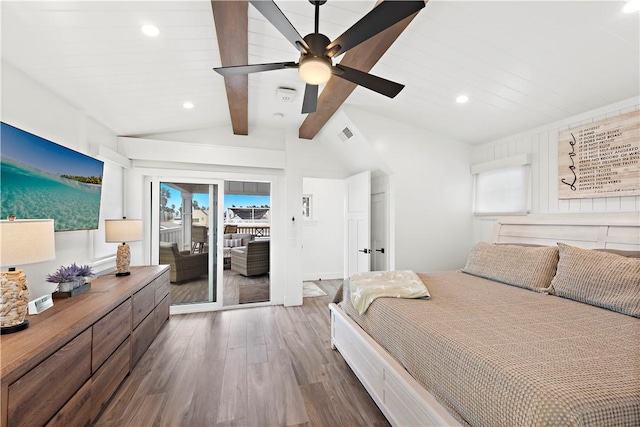 bedroom featuring lofted ceiling with beams, recessed lighting, wood finished floors, visible vents, and access to exterior