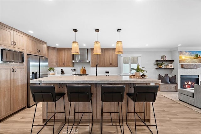 725 Dover Ct, San Diego, CA 92109 - kitchen with stainless steel fridge with ice dispenser, wall chimney exhaust hood, built in microwave, and a kitchen breakfast bar