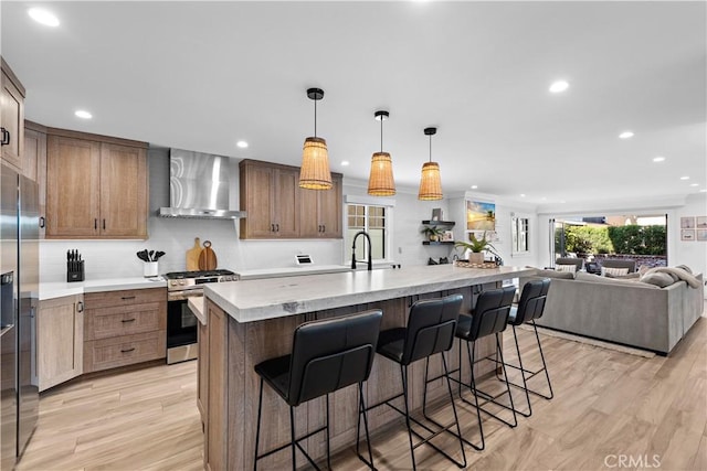 kitchen with appliances with stainless steel finishes, light countertops, light wood-style flooring, and wall chimney exhaust hood