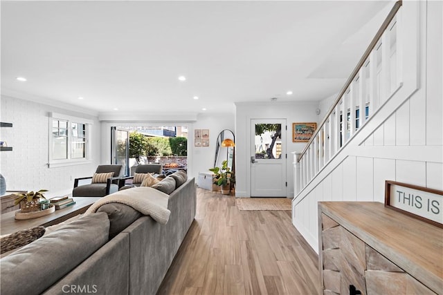 725 Dover Ct, San Diego, CA 92109 - living area with light wood finished floors, stairs, ornamental molding, and recessed lighting