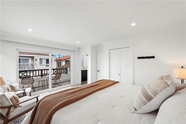 bedroom featuring ornamental molding, access to exterior, a closet, and recessed lighting