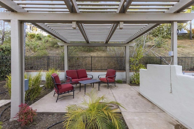 view of patio / terrace featuring a fenced backyard, an outdoor hangout area, and a pergola