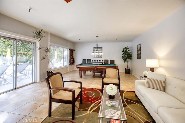 game room featuring billiards, baseboards, and light tile patterned flooring