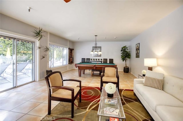 game room with light tile patterned floors, billiards, and baseboards