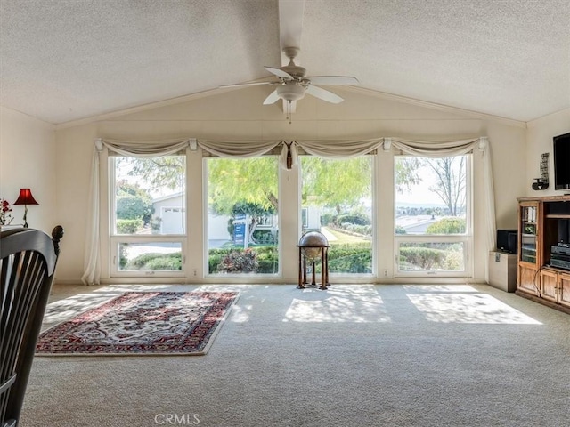 interior space with vaulted ceiling, ornamental molding, a textured ceiling, and a healthy amount of sunlight