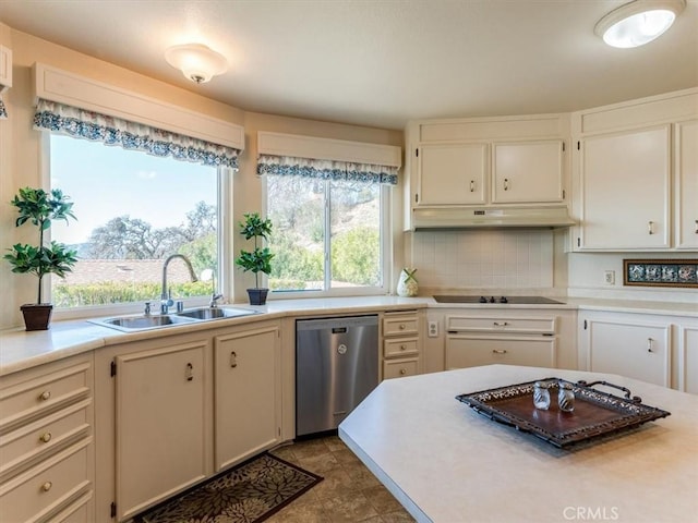 kitchen with light countertops, stainless steel dishwasher, a sink, under cabinet range hood, and black electric cooktop