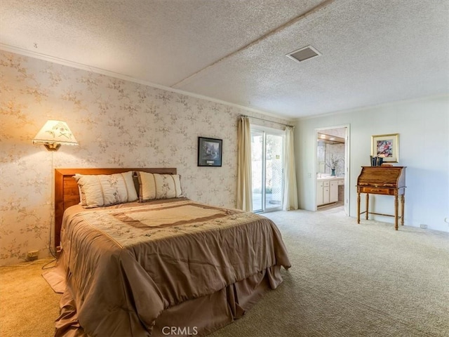 bedroom featuring crown molding, carpet flooring, a textured ceiling, access to outside, and wallpapered walls