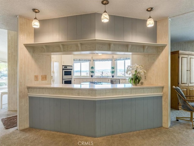 kitchen with a textured ceiling, stainless steel appliances, and carpet