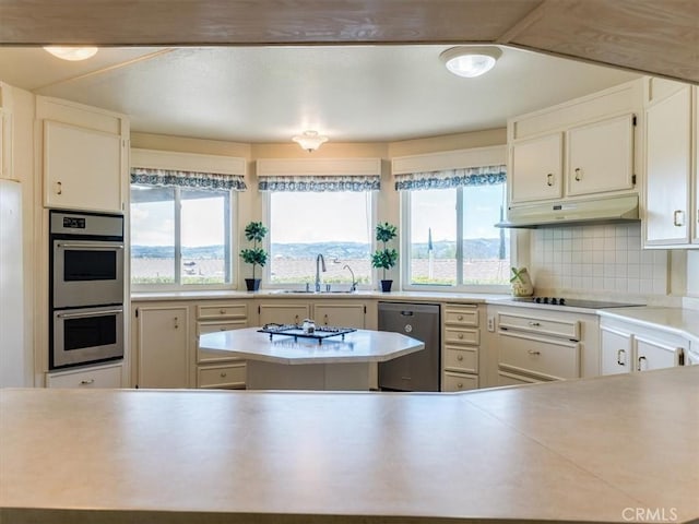 kitchen featuring tasteful backsplash, appliances with stainless steel finishes, light countertops, under cabinet range hood, and a sink