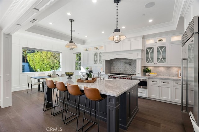 kitchen with white cabinetry, crown molding, a tray ceiling, and dark wood-style flooring