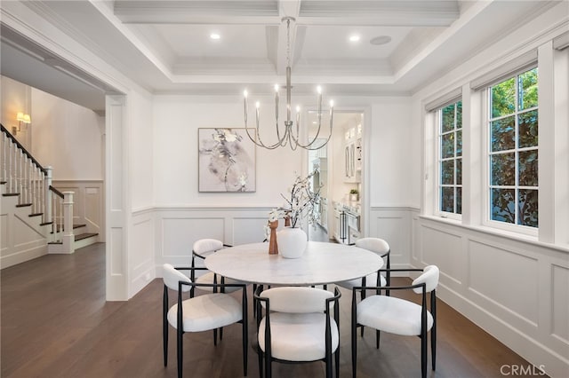 dining room with a notable chandelier, stairs, dark wood-style flooring, and beamed ceiling