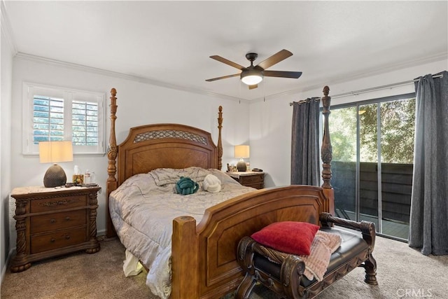 carpeted bedroom featuring ceiling fan, ornamental molding, and access to exterior