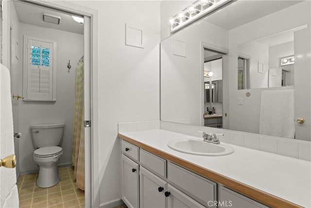 full bath with toilet, tile patterned flooring, and vanity