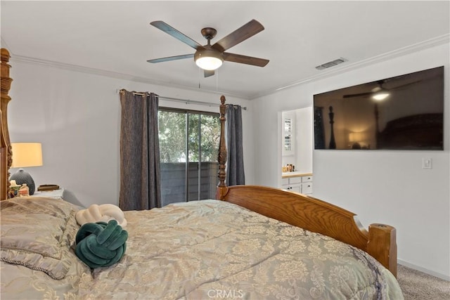 carpeted bedroom featuring ornamental molding, visible vents, baseboards, and a ceiling fan