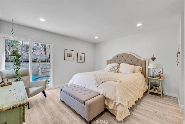 bedroom featuring access to exterior, baseboards, light wood-style floors, and recessed lighting