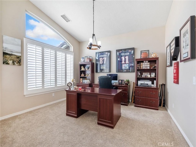 office featuring a chandelier, light colored carpet, visible vents, and baseboards