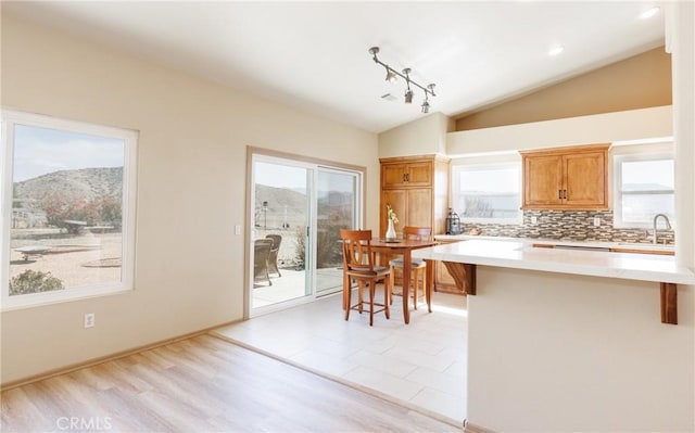 kitchen with tasteful backsplash, lofted ceiling, light countertops, a sink, and light wood-type flooring