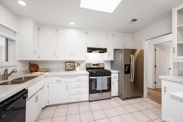 kitchen with under cabinet range hood, a sink, visible vents, white cabinets, and appliances with stainless steel finishes