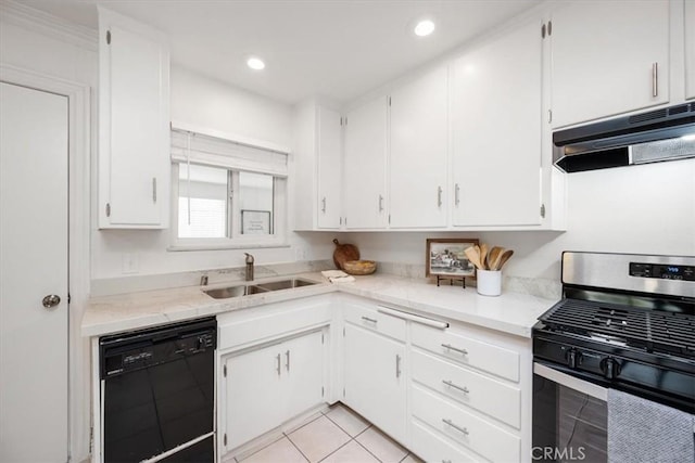 kitchen featuring stainless steel gas range oven, white cabinets, dishwasher, under cabinet range hood, and a sink