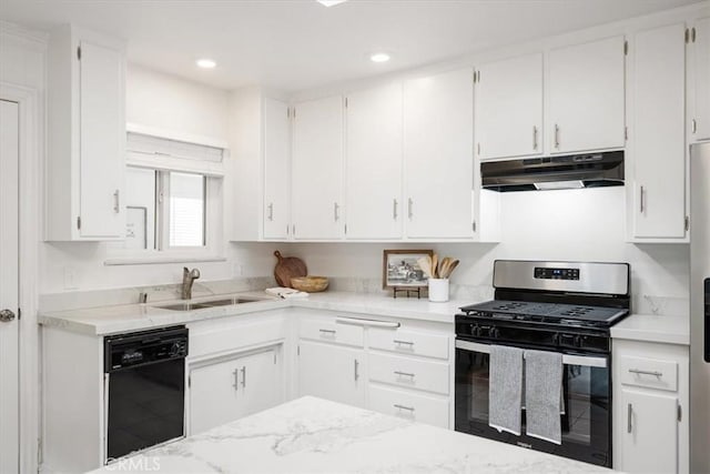 kitchen with appliances with stainless steel finishes, under cabinet range hood, white cabinetry, a sink, and recessed lighting