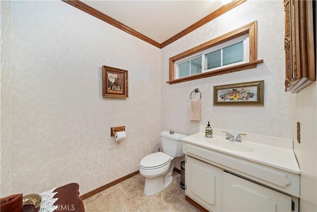 half bathroom featuring baseboards, toilet, ornamental molding, tile patterned floors, and vanity