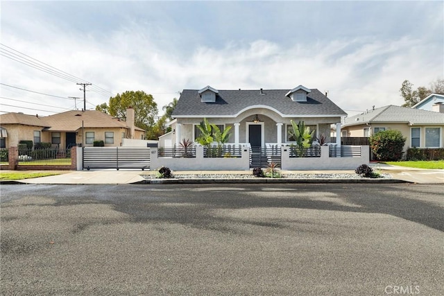 view of front facade with a fenced front yard, roof with shingles, and a gate