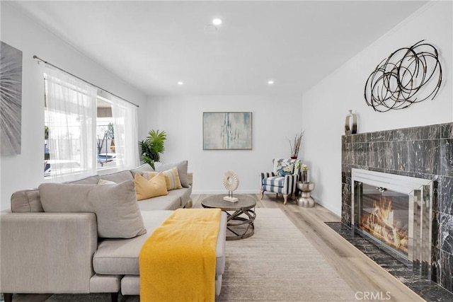 living room with recessed lighting, baseboards, wood finished floors, and a fireplace