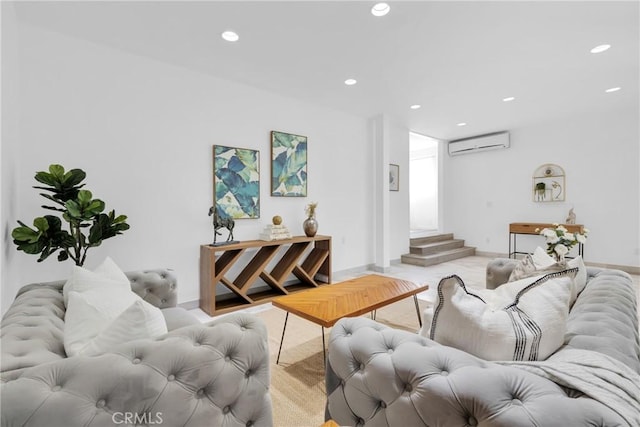 living room featuring stairway, recessed lighting, a wall mounted air conditioner, and baseboards