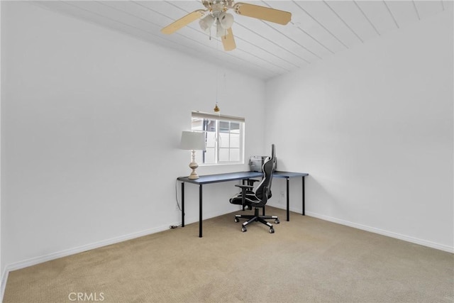 office with carpet, wooden ceiling, baseboards, ceiling fan, and vaulted ceiling