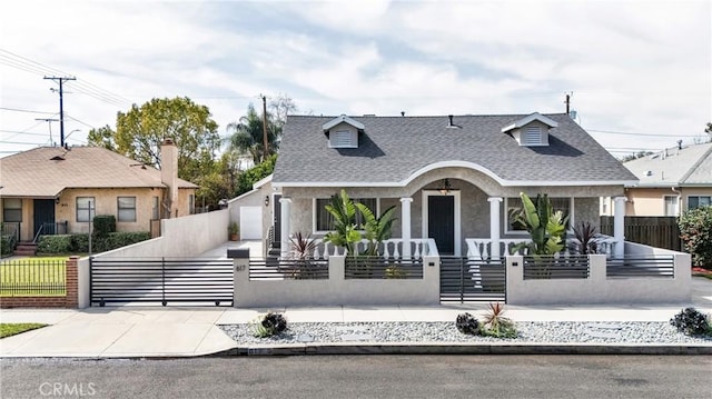 bungalow-style home featuring a gate, covered porch, a fenced front yard, and a shingled roof