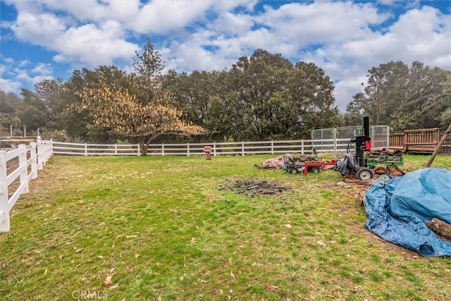 view of yard featuring a fenced backyard, a deck, and a rural view