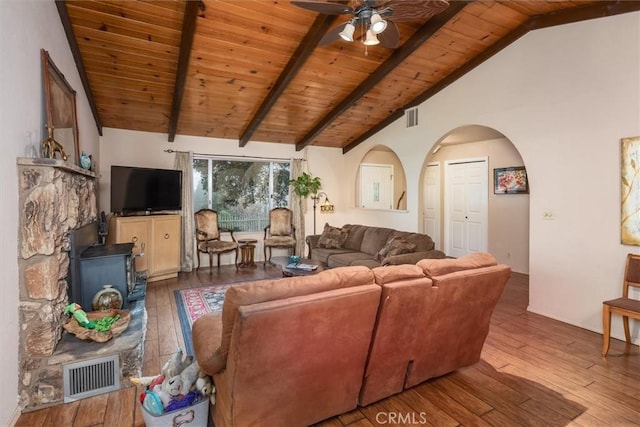 living room featuring lofted ceiling with beams, a wood stove, visible vents, and hardwood / wood-style flooring