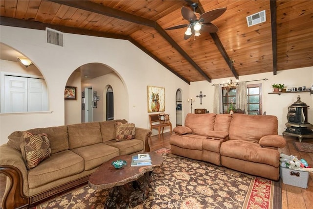 living area featuring lofted ceiling with beams, visible vents, arched walkways, and wood finished floors