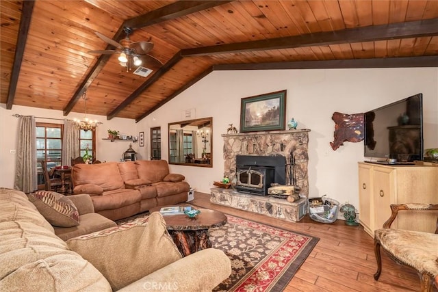 living room featuring vaulted ceiling with beams, wooden ceiling, visible vents, wood-type flooring, and a wood stove