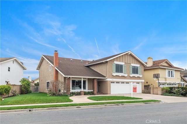 view of front of home with an attached garage, fence, concrete driveway, a chimney, and a front yard