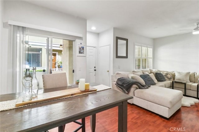 living room featuring ceiling fan, wood finished floors, and recessed lighting