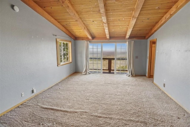 unfurnished room with vaulted ceiling with beams, carpet, and wood ceiling