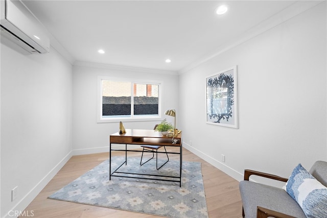 office area with recessed lighting, baseboards, ornamental molding, light wood finished floors, and a wall mounted air conditioner