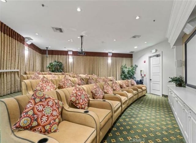 carpeted home theater featuring visible vents and recessed lighting