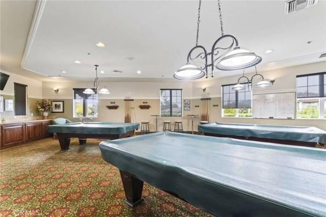 rec room with pool table, recessed lighting, and visible vents