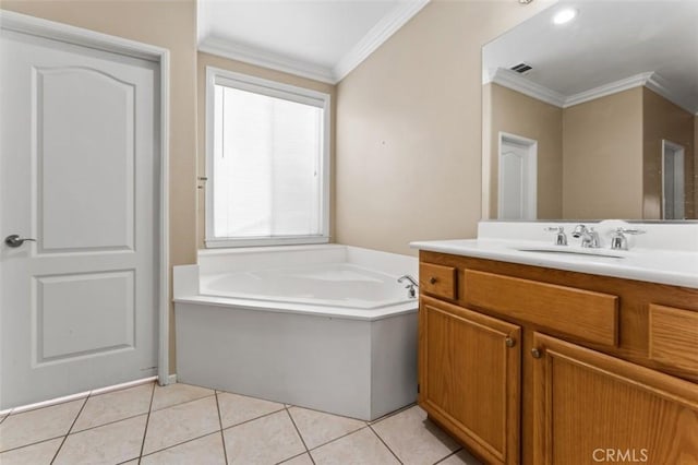 full bathroom with visible vents, crown molding, a bath, tile patterned floors, and vanity