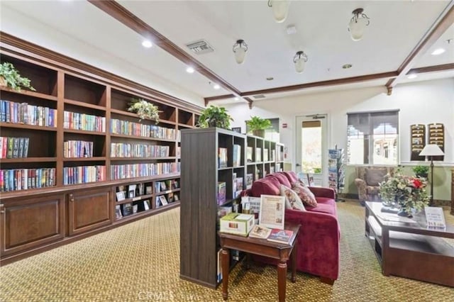 living area with beam ceiling, recessed lighting, visible vents, and carpet floors