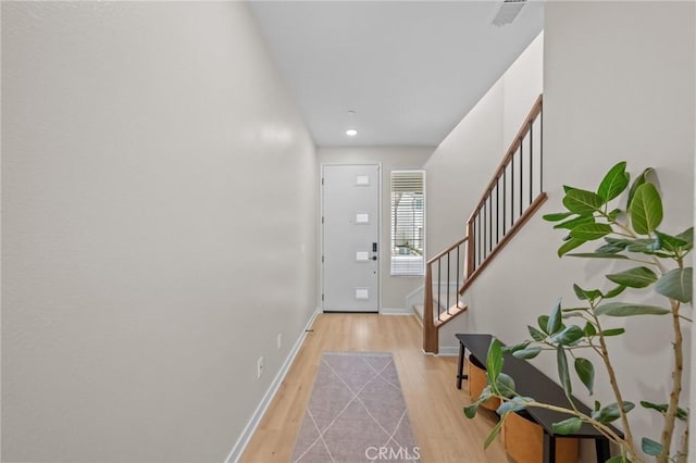 34720 Mustang Ln, Fallbrook, CA 92028 - foyer entrance with light wood-type flooring, stairs, and recessed lighting