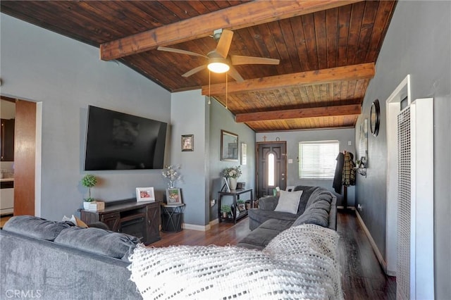 living area with wood ceiling, baseboards, ceiling fan, and wood finished floors