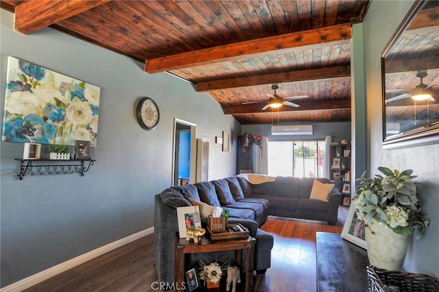 living area featuring baseboards, a ceiling fan, wood ceiling, wood finished floors, and an AC wall unit