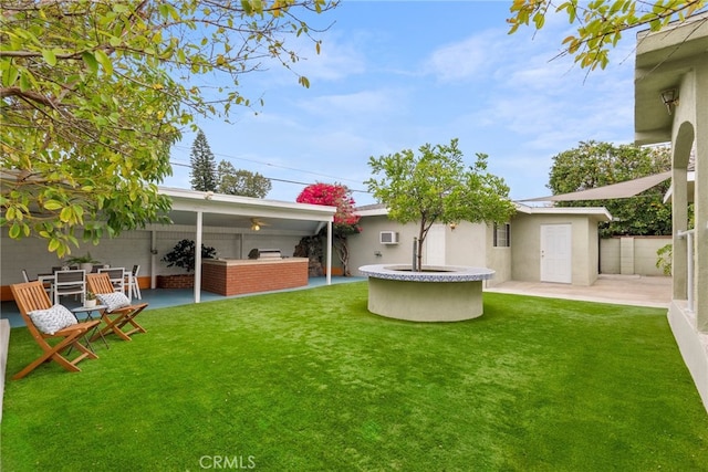 view of yard with a ceiling fan, a patio, and fence