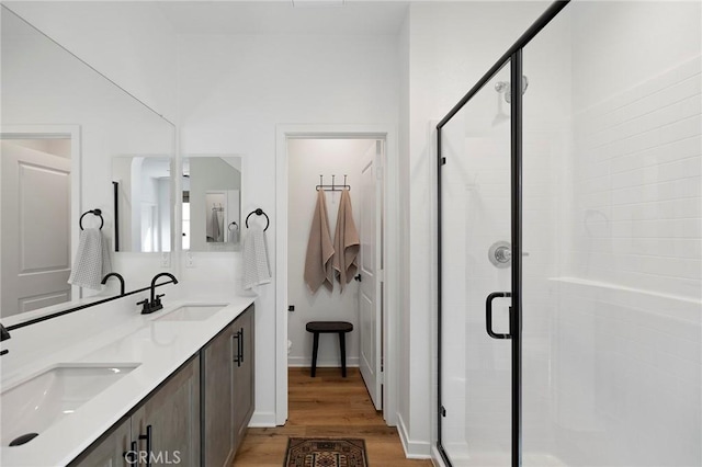 full bathroom featuring wood finished floors, a sink, and a shower stall