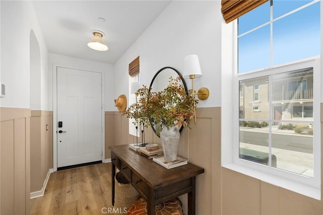 doorway featuring light wood-type flooring, a wealth of natural light, and a wainscoted wall